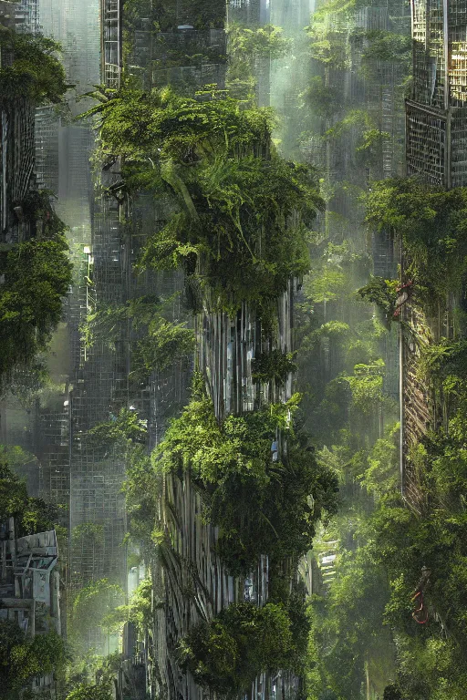 Prompt: an epic view of vines and moss growing on manhattan skyscrapers, moss, jungle, with pterosaurs flying, close - up, low angle, wide angle, atmospheric, volumetric lighting, cinematic, very realistic, sharp, highly detailed digital art, painted by craig mullins