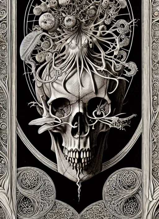 Image similar to art forms of nature by ernst haeckel, memento mori by arthur rackham, ornate antique porcelain beautiful skull mask, ultrasharp, photorealistic, hyperdetailed, octane render, polished, art nouveau, neo - gothic, gothic, intricate ornamental organic filigree, art nouveau botanicals, art forms of nature by ernst haeckel, horizontal symmetry, symbolist, visionary