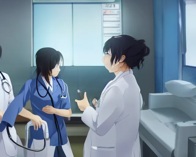 Prompt: a cute young female doctor wearing white coat are talking with a patient in a hospital, slice of life anime, lighting, anime scenery by Makoto shinkai