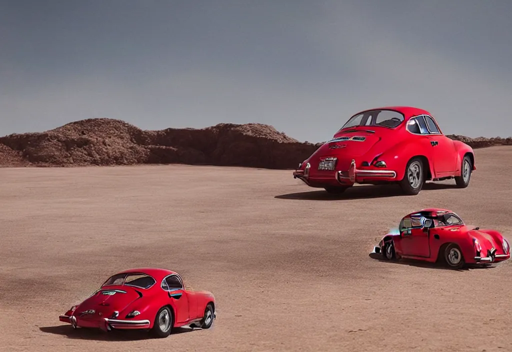 Image similar to “a red porsche 356 is parked in the middle of the desert, a matte painting by Scarlett Hooft Graafland, featured on unsplash, australian tonalism, anamorphic lens flare, cinematic lighting, rendered in unreal engine”