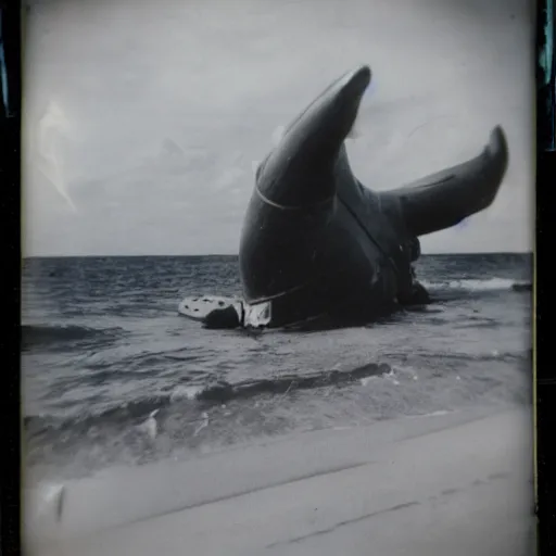Image similar to 1950s polaroid photo of a large sea monster crashed on the beach