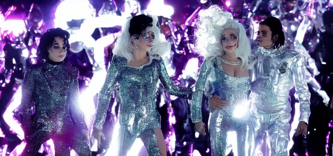 Image similar to Michael Jackson and Lady Gaga in a futuristic sparkly electric music video, 4K Vevo 2012