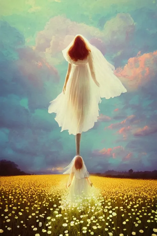 Prompt: giant white daisy flower veil head, girl walking in a flower field, surreal photography, sunrise, dramatic light, impressionist painting, colorful clouds, digital painting, artstation, simon stalenhag