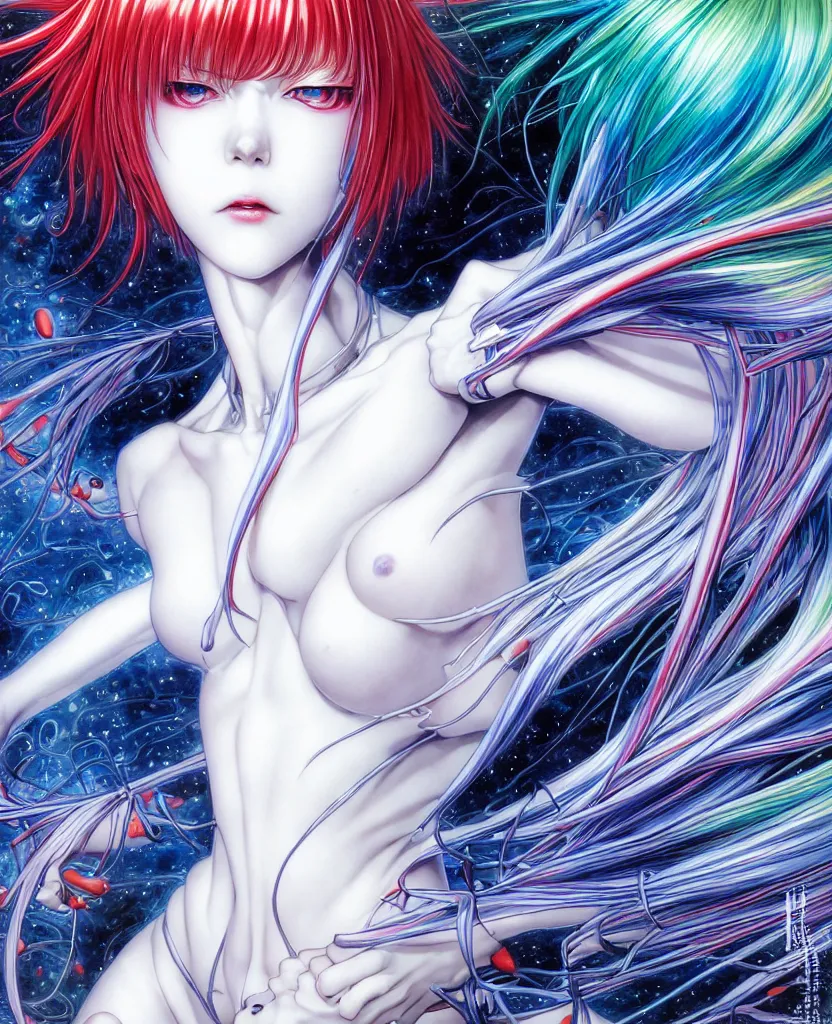 Image similar to realistic detailed image of ultra mega rainbow, realistic detailed female character, rei ayanami, symmetrical, depth perception, masterpiece, depth of field, action horror, gothic, vivid colors. art by yoshitaka amano, by yukito kishiro, by yoshiyuki sadamoto, by artgerm, by hajime sorayama