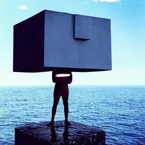 Prompt: a photo of a man in baggy clothes standing on top of a massive complex Non-Euclidean clay building floating in the ocean, vintage photo, Aubrey Powell, beautiful cinematography, blue sky, surreal, film grain, symmetrical, James Turrell