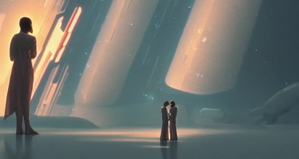 Prompt: a very very very very very very beautiful scene from 2 0 0 1 a space odyssey, from blade runner, of a woman hugging a cyborg, rendered by beeple, by makoto shinkai, syd meade, starwars, space art concept, digital art, unreal engine, wlop, trending on artstation, 4 k uhd image, octane render,