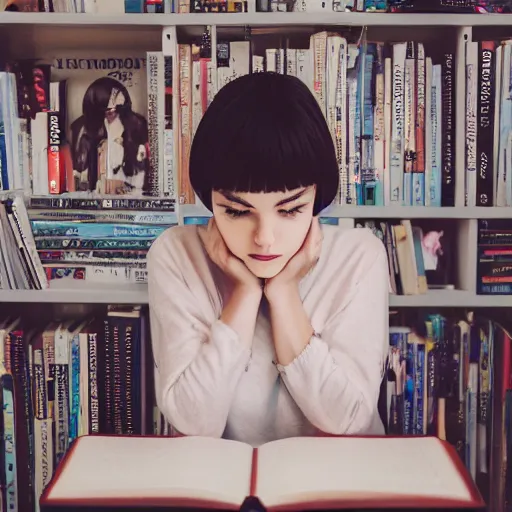 Image similar to a girl reading a book, modelsociety, radiant skin, huge anime eyes, RTX on, perfect face, intricate, Sony a7R IV, symmetric balance, polarizing filter, Photolab, Lightroom, 4K, Dolby Vision, Photography Award