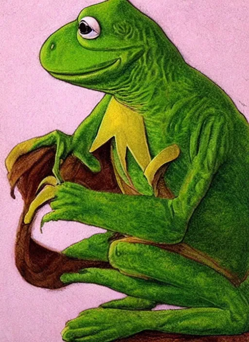 Prompt: Pre-Raphaelite Beautiful Kermit the Frog