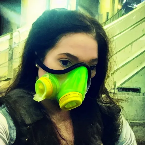 Image similar to i could see her luscious red lips visible through the translucent green gas mask as the yellow sulphur gas swirled around her.