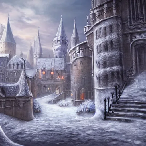 Image similar to fantasy concept art, high detail, 8k, snow covered walled medieval city, labyrinth in the background