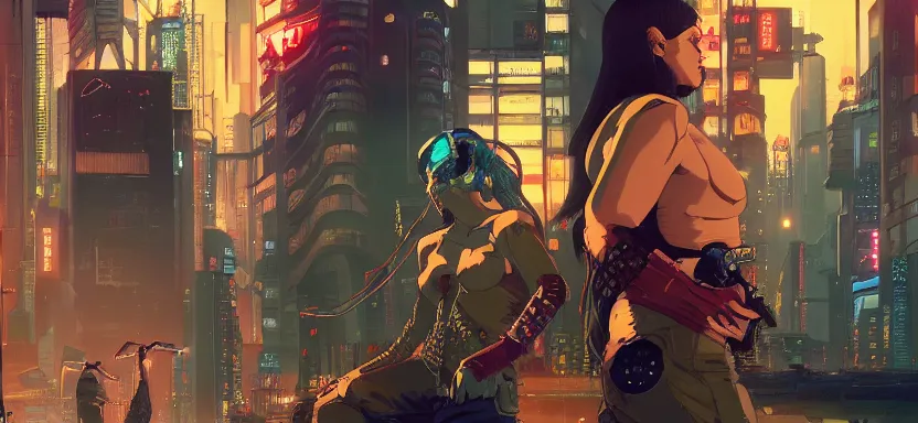 Image similar to cyberpunk gangs battle in the streets with improvised weapons, digital painting masterpiece, by ilya kuvshinov, by frank frazetta, by mœbius, by reiq, by hayao miyazaki, intricate detail, beautiful brush strokes, advanced lighting technology, 4 k wallpaper, interesting character design, stylized yet realistic anatomy and faces, inspired by kill bill animated scene