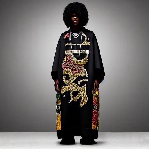 Image similar to black african american afro wearing gucci versace intricate textile chiton himation cloak tunic detailed design japanese kanji streetwear cyberpunk modern fashion