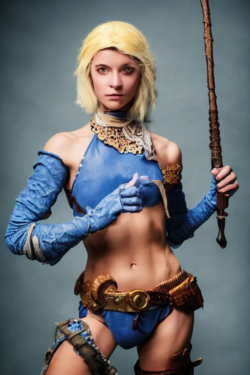 Image similar to a blue-skinned female DND vedalken, high resolution film still, 8k, HDR colors, cosplay, studio lighting, photo by bruce weber