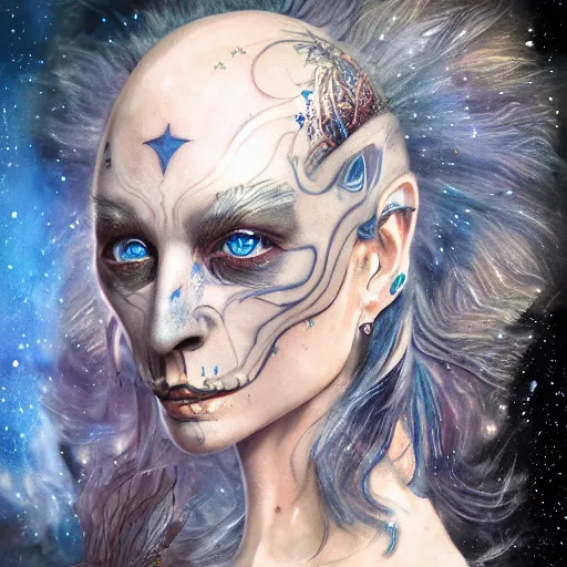 Prompt: a WLOP 3d render of very very highly detailed beautiful mystic portrait of a phantom warrior with galaxy, tattoos by Anton Pieck, intricate, extremely detailed, digital painting, artstation, concept art, smooth, sharp focus, illustration, intimidating lighting, incredible art,