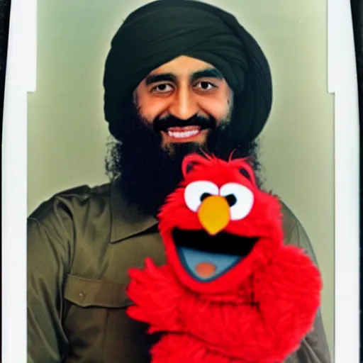 Image similar to polaroid photo of osama bin laden posing with elmo