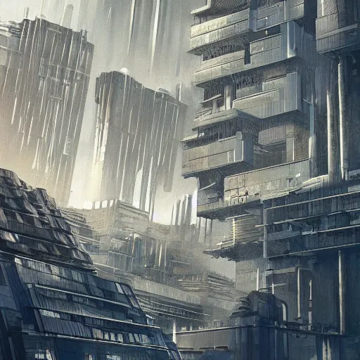 Prompt: beautiful digital illustration of a dystopian, futuristic city with brutalist architecture