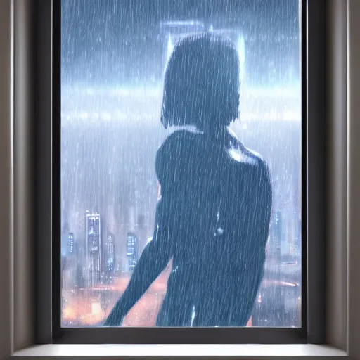 Prompt: in the style of Vincent Di Fate, a young beautiful attractive girl is looking out of a window at a vast futuristic city, the city fills the background, it is raining , very highly detailed, 8k, ultra realistic, framed window