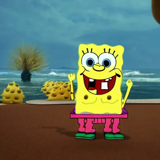 spongebob with a sad!!! expression slouching on a