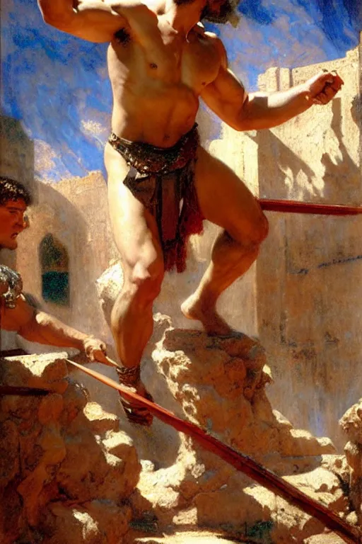 Prompt: muscular male gladiator, roman baths painting by gaston bussiere, craig mullins, j. c. leyendecker