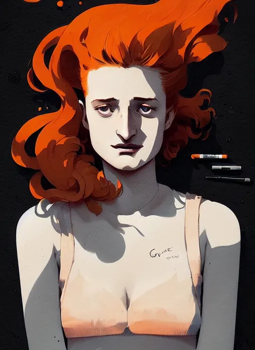 Image similar to highly detailed closeup portrait of beautiful moody grace gummer as dom dipierro, wavy ginger hair, by atey ghailan, by greg rutkowski, by greg tocchini, by james gilleard, by joe fenton, by kaethe butcher, gradient orange, black and white color scheme, grunge aesthetic!!! ( ( graffiti tag wall background ) )