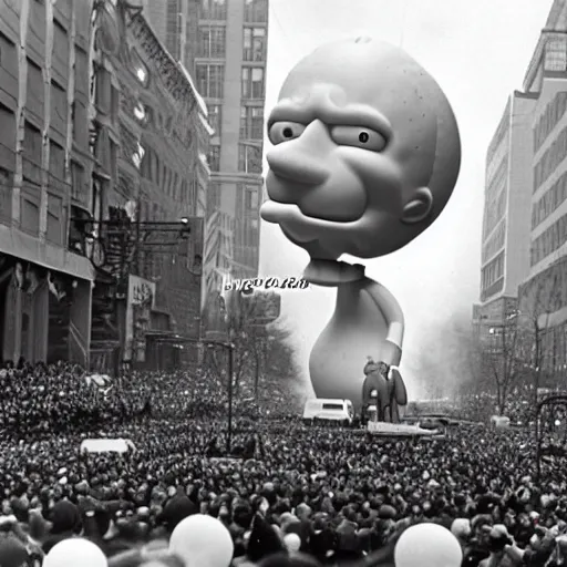 Prompt: Homer Simpson Balloon in the Macy's Thanksgiving Day Parade 1953