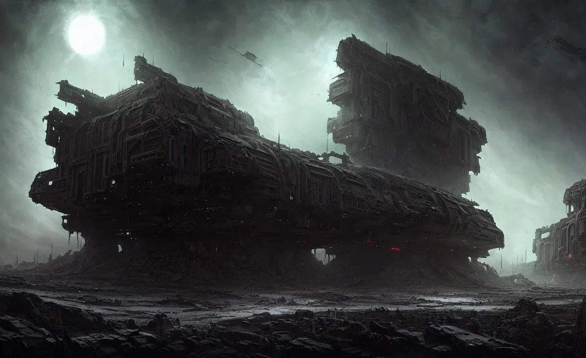 Image similar to epic professional sci - fi digital art of destroyed planetary outpost, eerie atmospheric lighting, painted, detailed, intricate, dynamic lighting, foreboding, by leesha hannigan, wayne haag, reyna rochin, ignacio fernandez rios, mark ryden, iris van herpen, hdr, 8 k, epic, stunning, gorgeous, much wow, cinematic, masterpiece