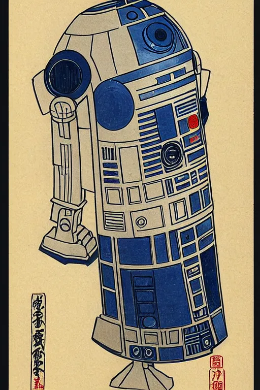 Image similar to Japanese woodblock print of r2d2, hokusai