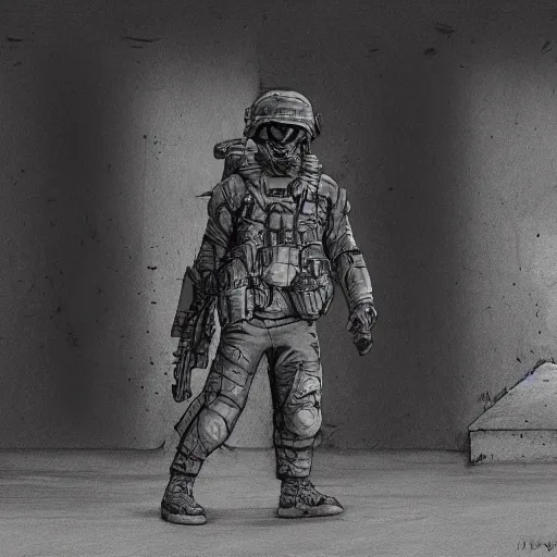 Image similar to pencil art, close up shot, realistic, cinematic, hyper detailed, smooth, soldier hiding behind wall, aliens walking in the background.