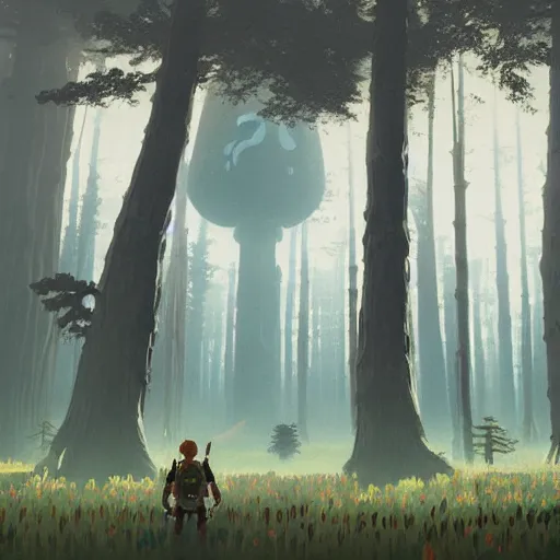 Image similar to breath of the wild, simon stalenhag, forest