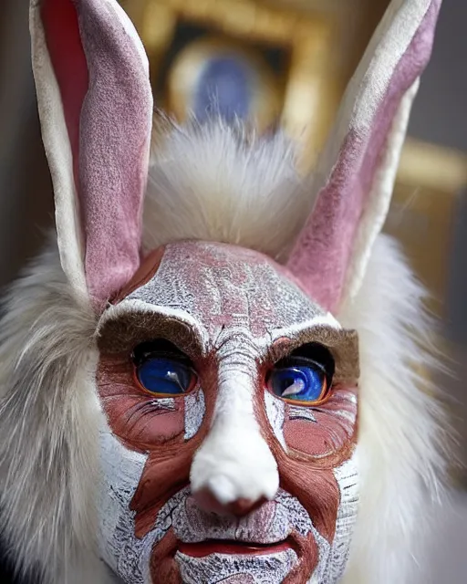 Image similar to vladimir putin in elaborate makeup as rabbit from the book winnie the poo, highly detailed rabbit makeup in the style of rick baker, vladimir has long rabbit ears, rabbit fur, rabbit snout