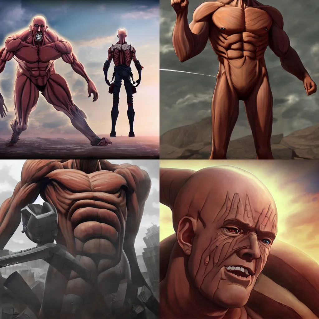Prompt: Jeff Bezos as a humongous titan from Attack on Titan, unreal engine, trending on ArtStation, concept art character