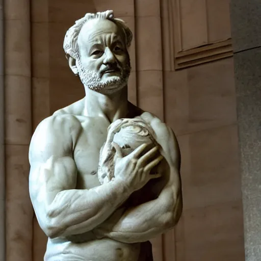 Image similar to bill murray as a marmor statue by michelangelo, church background