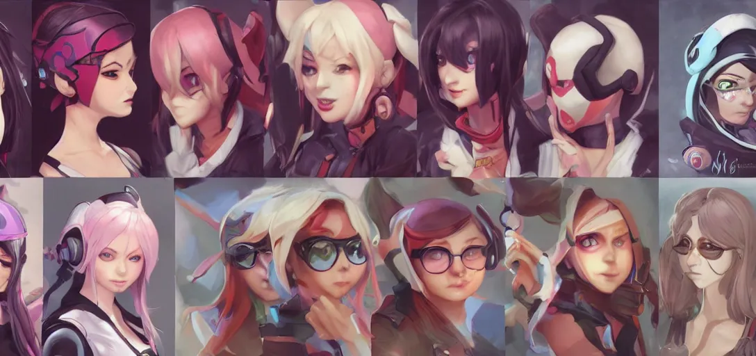 Image similar to concept art of female video game characters head designs, egirls, disgaea, flcl, overwatch, by marc brunet and artgerm