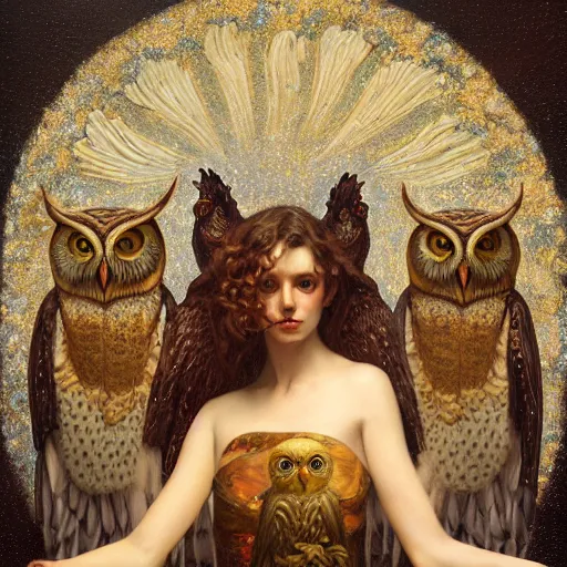 Image similar to highly detailed oil painting | very intricate | cinematic lighting | award - winning | wall mosaic of owls of nightmare relief | by roberto ferri, by tom bagshaw, by j. c. leyendecker and klimt, american romanticism, by austin osman spare, artstation, cgsociety, official art, octane