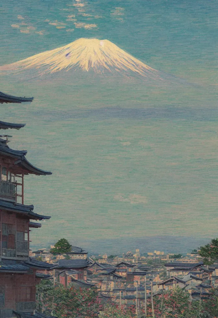 Image similar to a beautiful japanese city near the sea, mount fuji in the background, amazing ryokans and gorgeous edo era houses, epic cyberpunk, lofi vibe, colorful, vivide colors, amazing light, really beautiful nature, oil painting in impressionist style, by jeremy lipkin, by claude monet, by makoto shinkai, multiple brush strokes, inspired by ghibli, masterpiece, beautiful