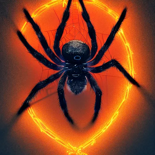 Image similar to spider on a neon web, 8 k octane beautifully detailed render, post - processing, extremely hyper - detailed, intricate, epic composition, cinematic lighting, masterpiece, trending on artstation, masterpiece, stunning art by anders zorn, wonderful masterpiece by greg rutkowski, beautiful cinematic,