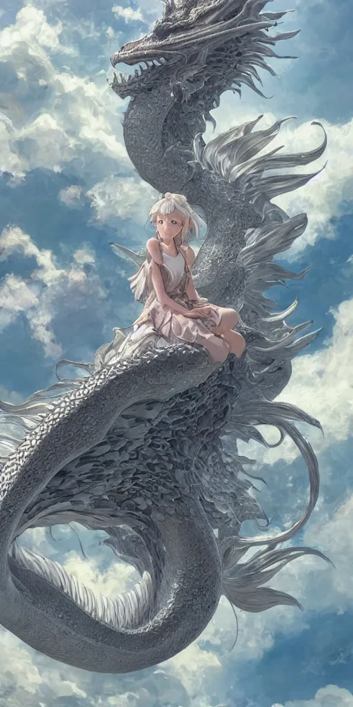 Image similar to the beautiful hyper detailed scene render that a beautiful princess sitting on the back of a huge silver white dragon alone in the fairyland surrounded by white clouds, finely detailed angelic face delicate features, style of studio ghibli, makoto shinkai, raphael lacoste, louis comfort tiffany, artgerm, james jean, ross tran, animation style, hd, ultra wide angle