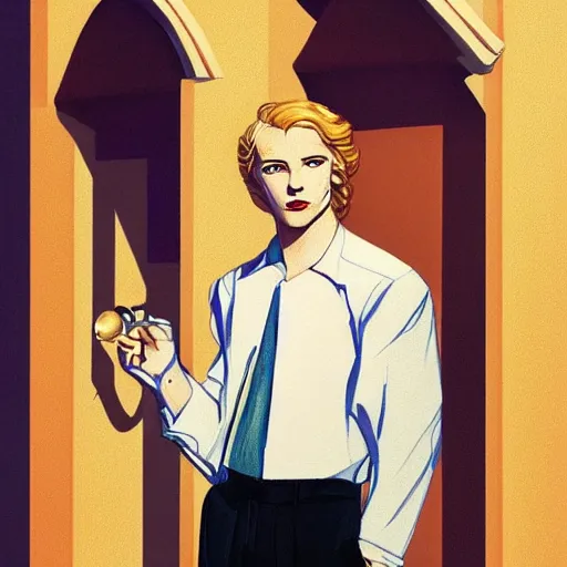 Prompt: the androgynous prince Lucius, head and shoulders masterpiece, pale porcelain skin with long fluffy blond curly hair, in rapture, golden hour, white poet shirt, artstation, in the style of Art Deco and Edward Hopper and Bosch, extremely detailed