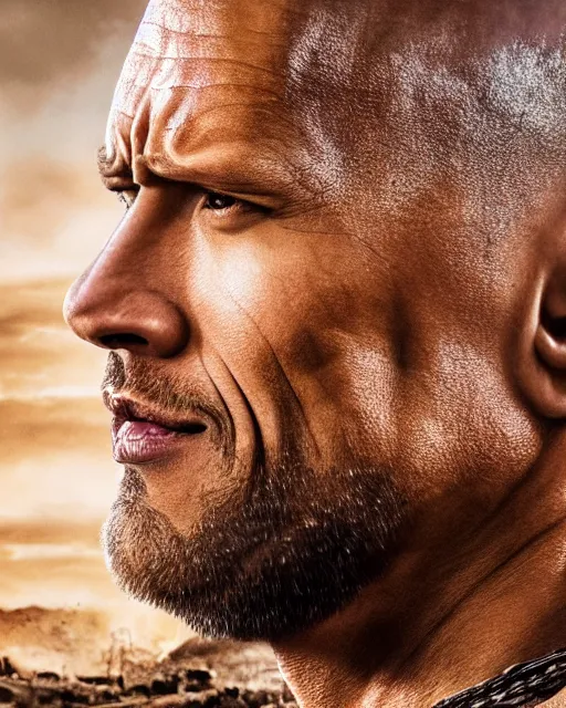 Image similar to film still close up shot of dwayne johnson as max rockatansky in the movie mad max. photographic, photography