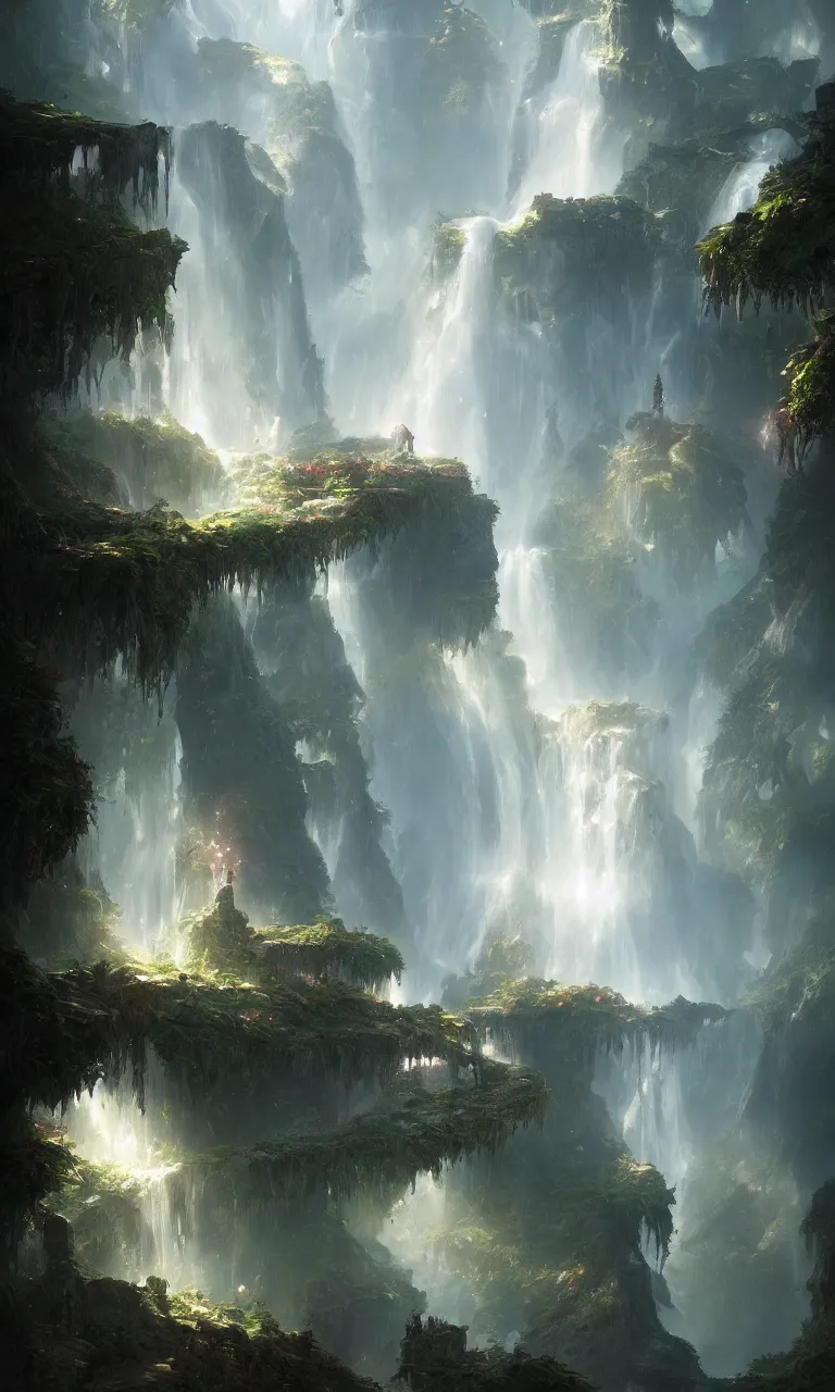 Image similar to fantasy world detailed art, dreamy roses waterfall, cinematic view, detailed, concept art, high detail, warm fantasy lighting, volumetric, trending on artstation, art greg rutkowski