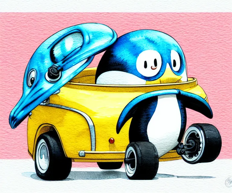 Image similar to cute and funny, penguin wearing a helmet riding in a tiny hot rod with an oversized engine, ratfink style by ed roth, centered award winning watercolor pen illustration, isometric illustration by chihiro iwasaki, edited by range murata, tiny details by artgerm and watercolor girl, symmetrically isometrically centered, sharply focused