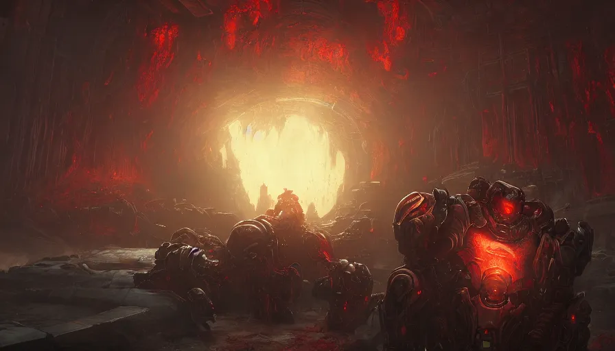 Prompt: Doom Slayer coming out of the underworld, hyperdetailed, artstation, cgsociety, 8k