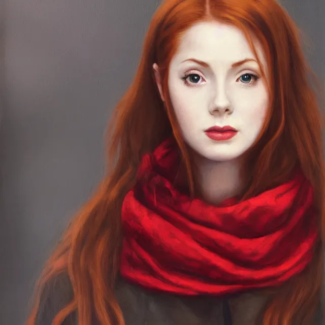 Prompt: Beautiful oil painting of Amy Pond by by Titian and Alexander Roslin and Chie Yoshii, portrait, red scarf, pale, black eyebrows, brown eyes, Doctor Who, symmetrical face, dramatic lighting, sharp focus, smooth, Karen Gillan