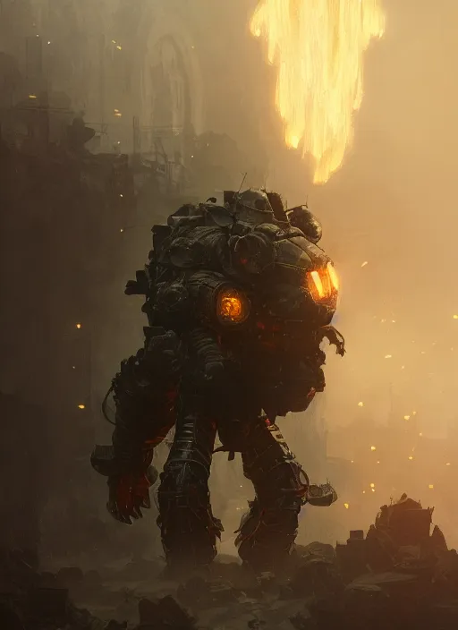 Image similar to a photorealistic dramatic hyperrealistic render of an armored fire golem guardian by wlop, greg rutkowski, alphonse mucha, beautiful dynamic dramatic dark moody lighting, shadows, cinematic atmosphere, artstation, concept design art, octane render, 8 k