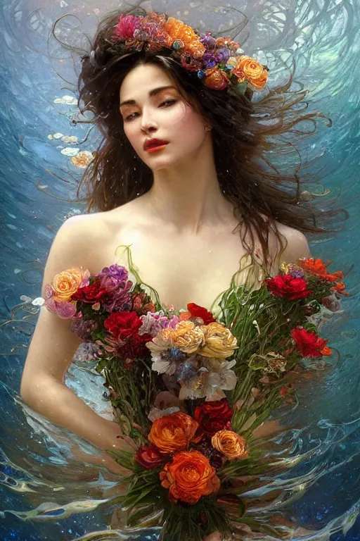 Image similar to portrait of a beautiful mysterious woman holding a bouquet of flowing flowers, hands hidden under the bouquet, lying half submerged in a pool of water, fantasy, regal, intricate, by stanley artgerm lau, greg rutkowski, thomas kindkade, alphonse mucha, loish, norman rockwell