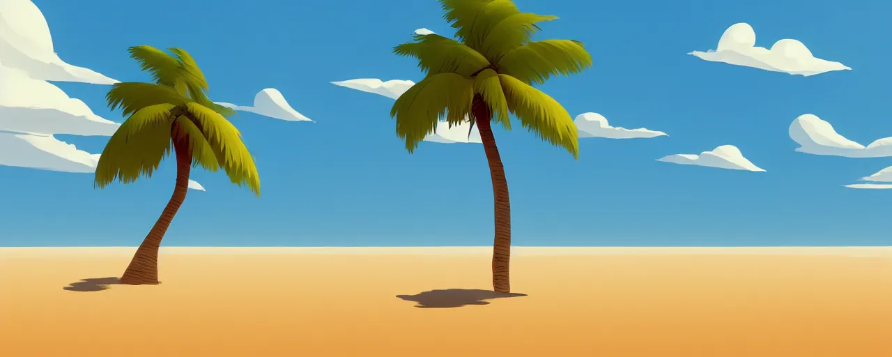 Image similar to illustration of a beach horizon with clouds and one palm tree in the style of goro fujita, sharp focus, highly detailed, artstation