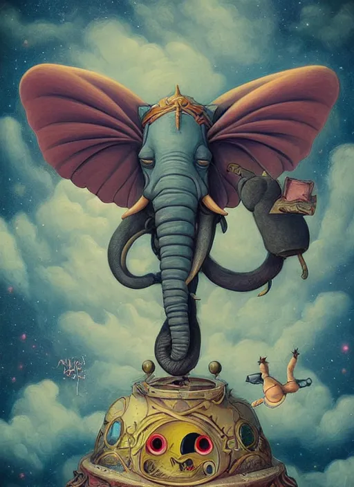 Prompt: pop surrealism, lowbrow art, psychic tandem flying war elephant, adventure time, natalie shau, loreta lux, tom bagshaw, mark ryden, trevor brown style,