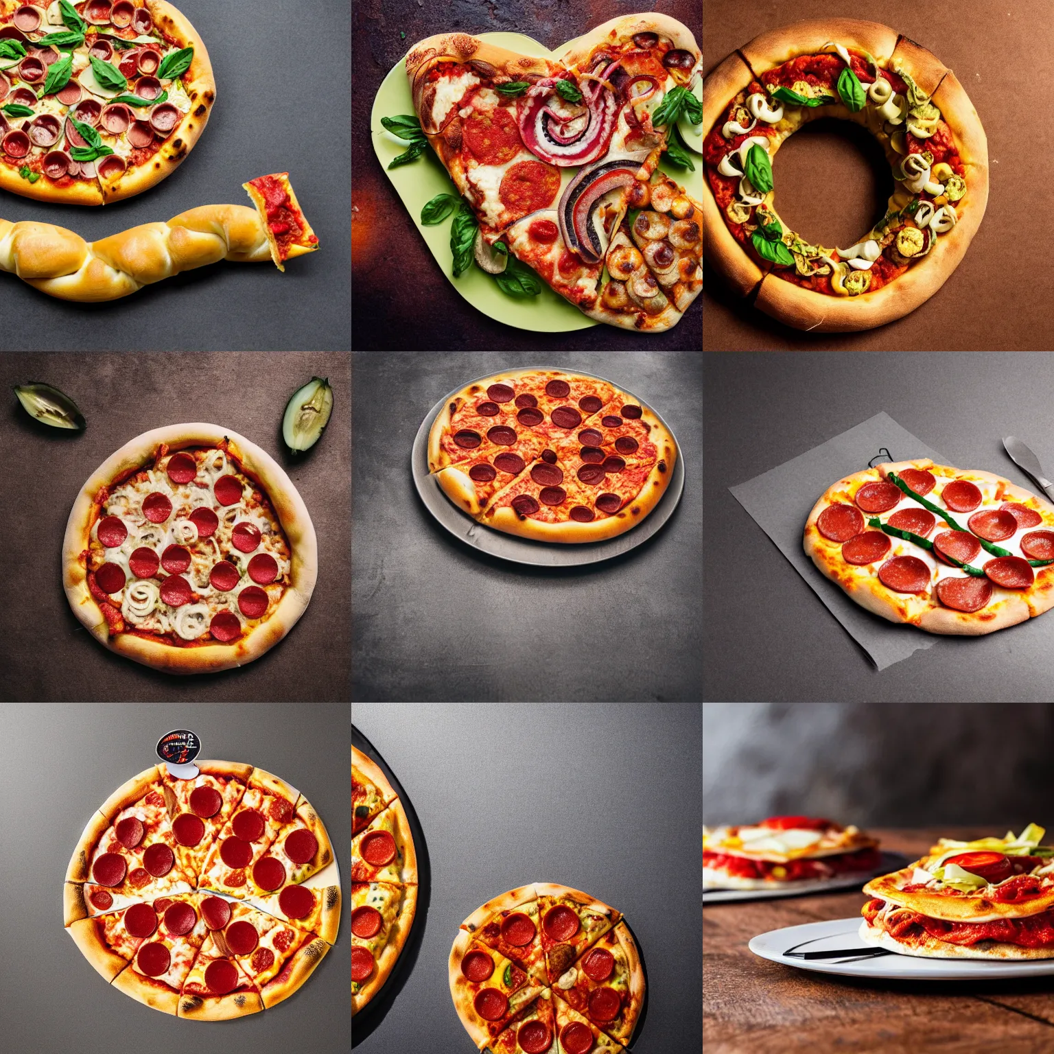 Prompt: a slinky made of pizza, shape of a slinky, on a table, professional food photography