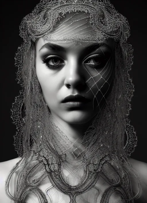Image similar to surreal mythical dreamy dark artistic black and white fine art photo of a beautiful young female medusa - cyborg covered with lace fish scales and translucent algae, highly detailed, intricate crystal ivy jelly fish scales ornate, lace web, poetic, octane render, 8 k, photo - realistic, by man ray