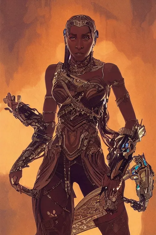 Prompt: art by artgerm and greg rutkowski and alphonse mucha, ultra realistic illustration, wakandan warrior in steampunk style armor, hacknaut cyberpunk, sci - fi, fantasy, intricate, elegant, highly detailed, digital painting, artstation, concept art, smooth, sharp focus, illustration,